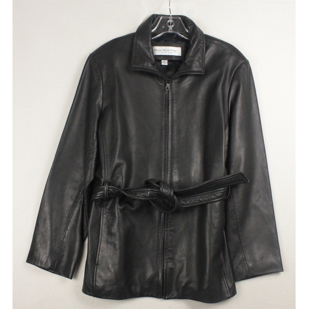 Marc New York Andrew Marc Leather Scuba Jacket Womens M Black Y2K Indie Belted